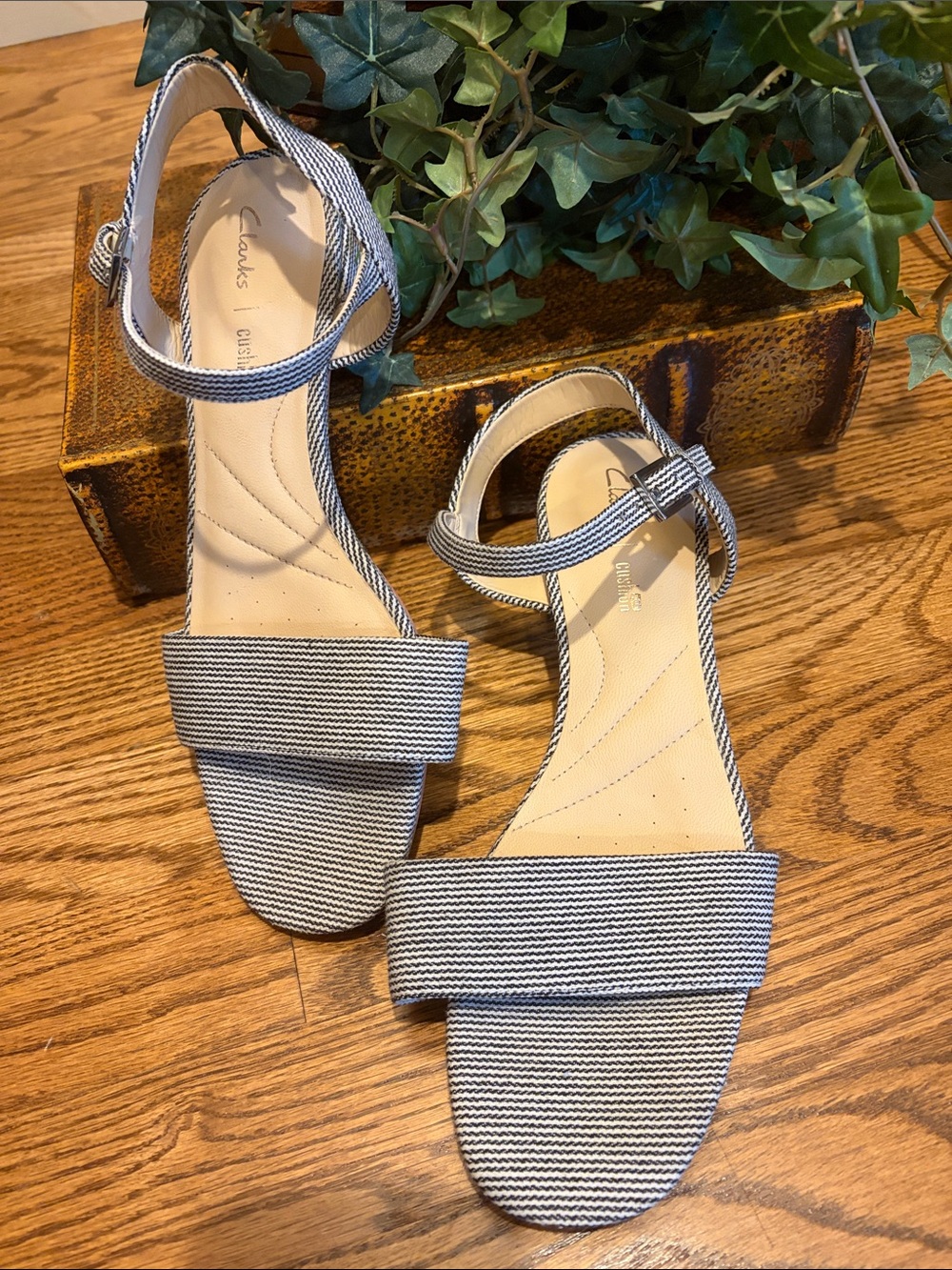 Clarks Navy and White Striped Ankle-Strap Sandals